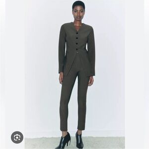 Zara Crepe Blazer with Pockets & High- Waisted Crepe Leggings - Dark Khaki